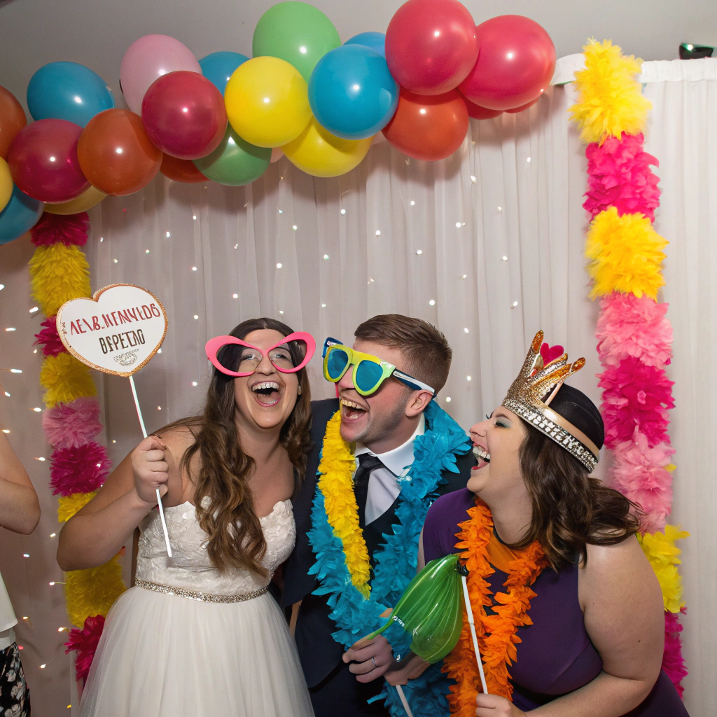 Invitados riendo y posando en nuestro fotomatón de boda